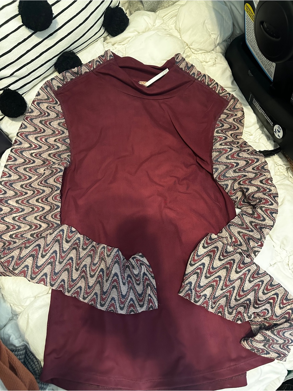 Free People Maroon Top with Patterned Bell Sleeves